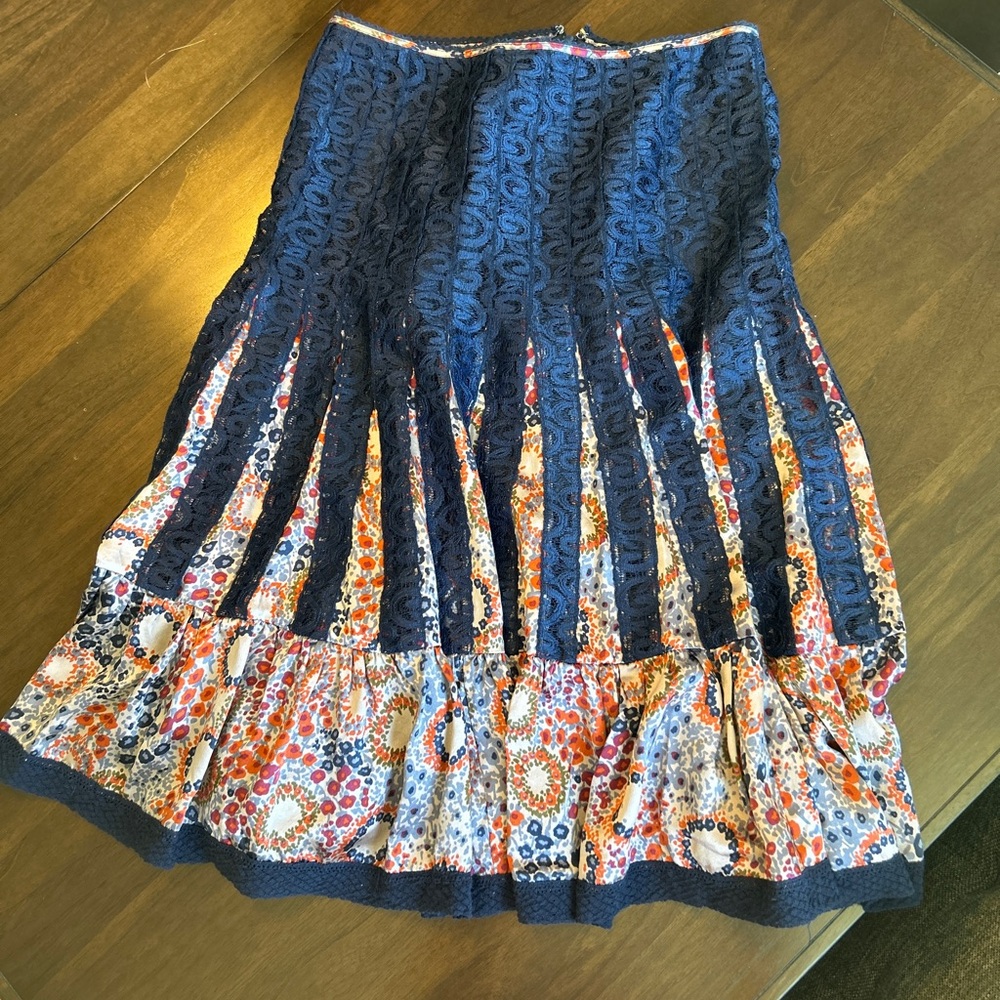 Free People Floral Navy and Orange Silk Skirt
